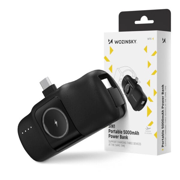Wozinsky WF16-YCS Μίνι Φορτιστής USB-C 5000mAh 15W με Ενσωματωμένο Καλώδιο USB-C και Φορτιστή Apple Watch - Μαύρο