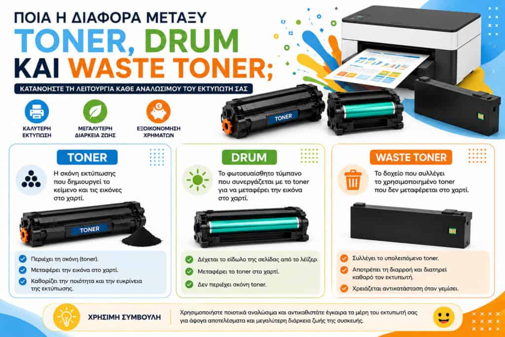 Toner Drum Waste Toner διαφορά και λειτουργία